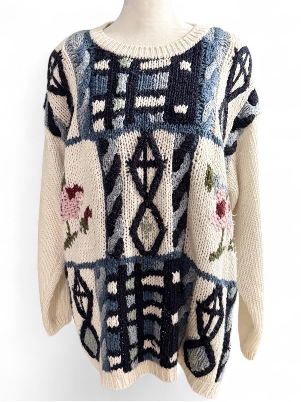 Vintage Huntington Ridge Hand-Knit Sweater with Floral & Geometric Pattern - XL
